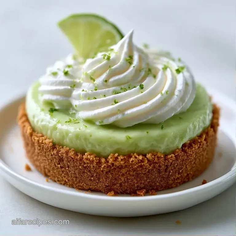A slice of creamy pale green dessert on a white plate, garnished with a fresh mint leaf and tart raspberries.