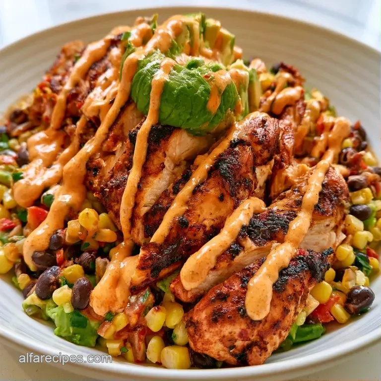 Vibrant salad in a white bowl with sliced grilled chicken, diced avocado, and red onion topped with fresh cilantro.