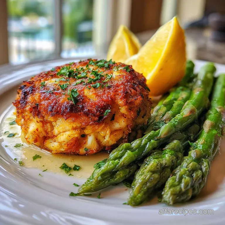 Elegant plating of crab cakes, asparagus, and lemon. The crab cakes are browned and crusty, with tender, bright green stal...