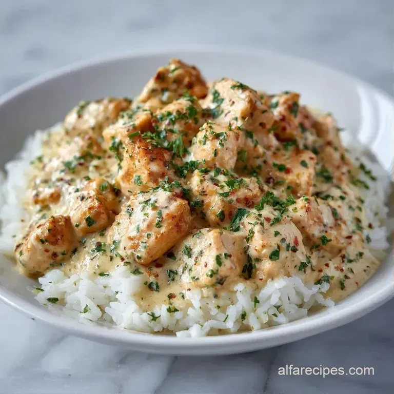 A polished white bowl filled with velvety rice and seared chicken breast, topped with a sprig of bright green cilantro.