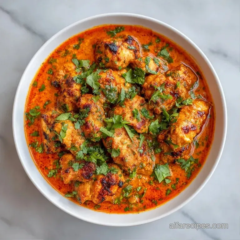 A swirl of white yogurt atop a rich orange curry, served in a copper bowl with toasted garlic naan on the side.