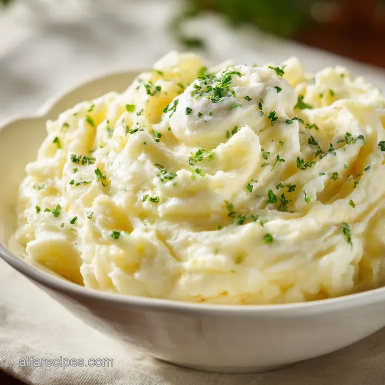 Creamy mashed potatoes artfully swirled in a bowl, garnished with fresh chives and a pat of melting butter.
