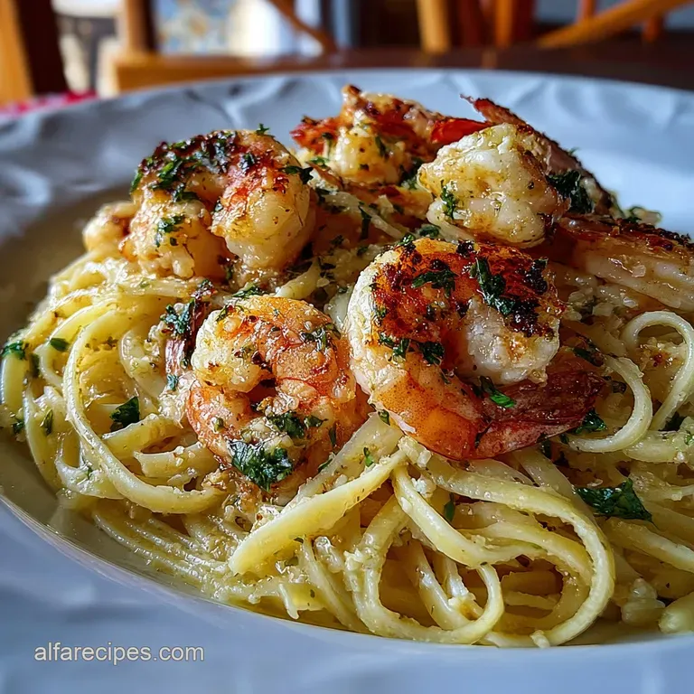 Elegant plate of twirled pasta glistening with creamy garlic sauce, succulent shrimp, and a sprinkle of red pepper flakes.