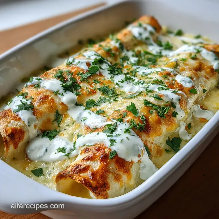 Creamy sour cream enchilada with vibrant green chiles, plated and garnished with cilantro for a fresh, inviting look.