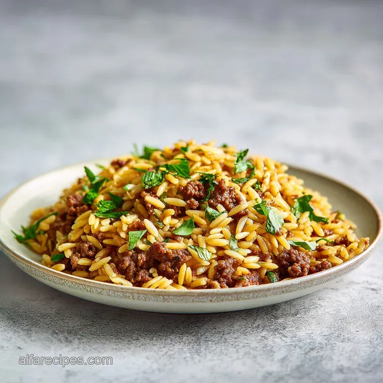 A white ceramic bowl filled with creamy pasta and savory beef, garnished with a sprinkle of parmesan and fresh herbs