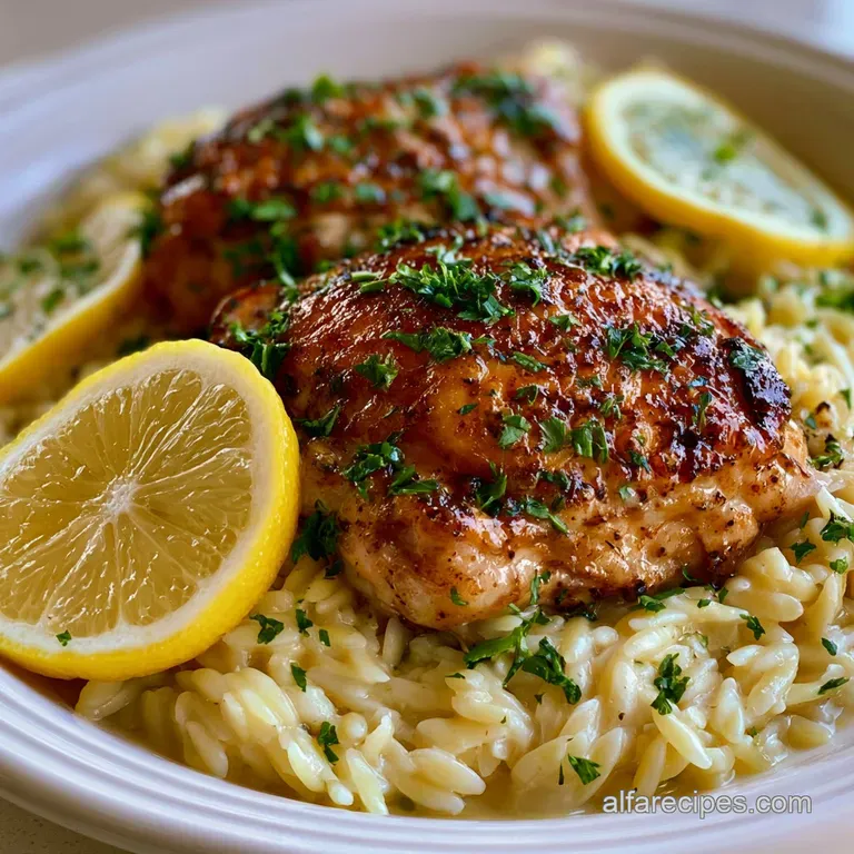 Golden seared chicken breasts atop creamy pasta, garnished with fresh lemon wheels and a sprinkle of green herbs.