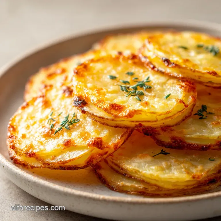 Neatly stacked potato slices drenched in velvety cream sauce, topped with a sprinkle of fresh green parsley.