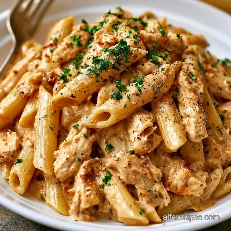 A wide white bowl of pasta topped with fresh parsley and cracked black pepper, served with a side of toasted garlic bread.