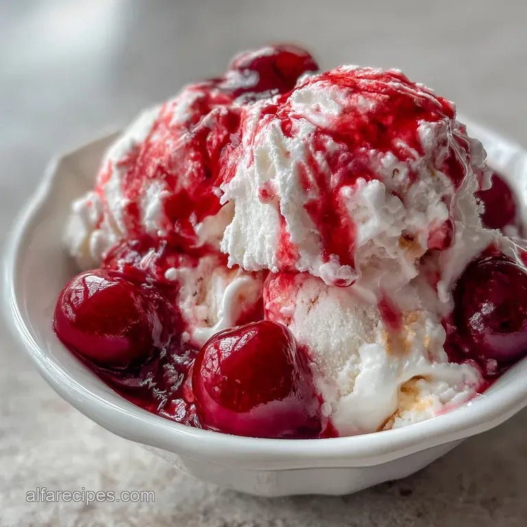 Scoop of pale pink cherry vanilla ice cream melting slightly on a delicate glass dish, garnished with a bright red cherry.