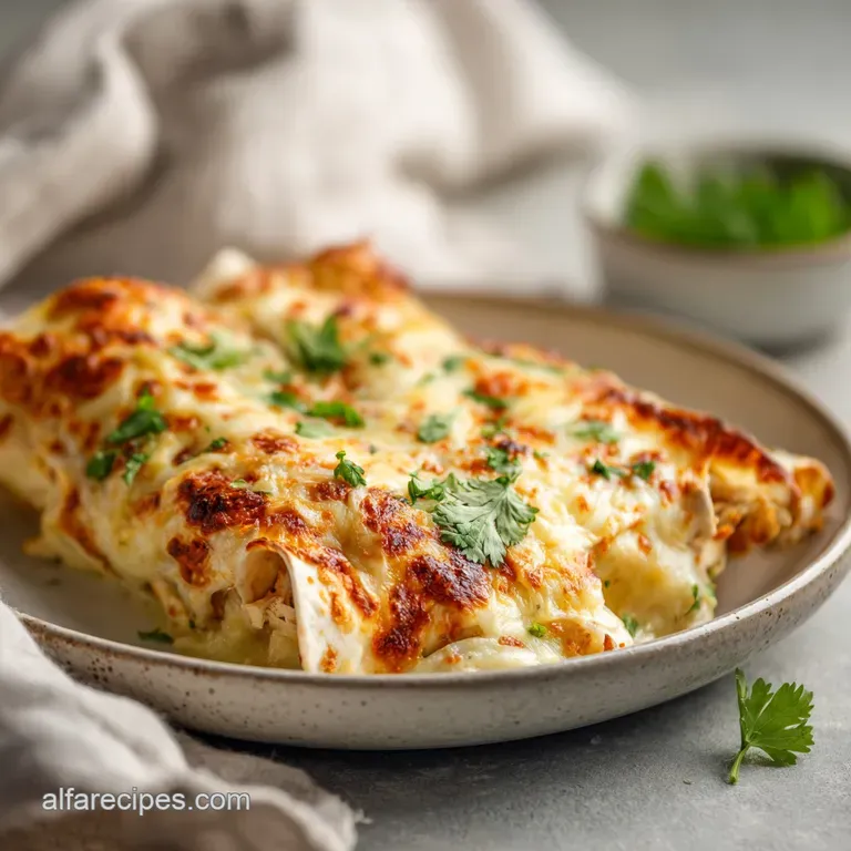 A fork gently lifting a tender enchilada from a white dish, revealing its creamy filling.