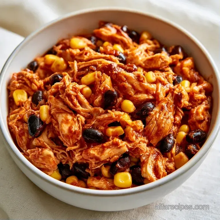 Shredded chicken and colorful vegetables neatly arranged over a bed of steaming rice in a white ceramic bowl.