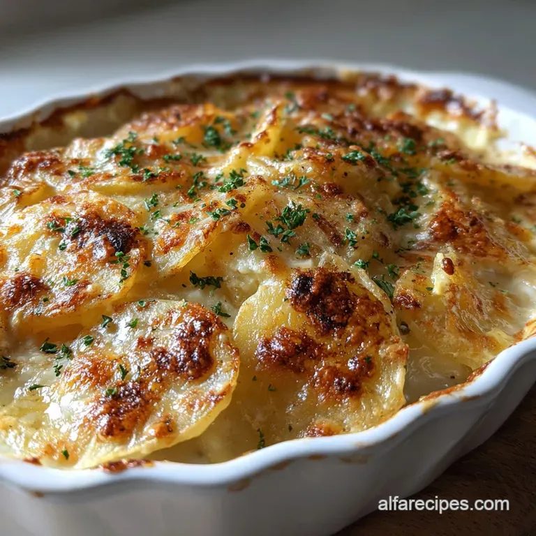 A serving of creamy scalloped potatoes, the rich cheese topping lightly browned, plated with fresh thyme for a comforting ...