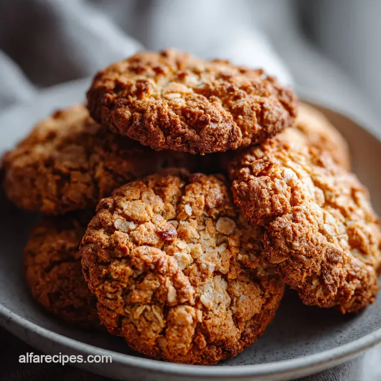 Stack of warmly lit, textured oatmeal cookies with walnuts, elegantly arranged on a white plate, ready to enjoy.