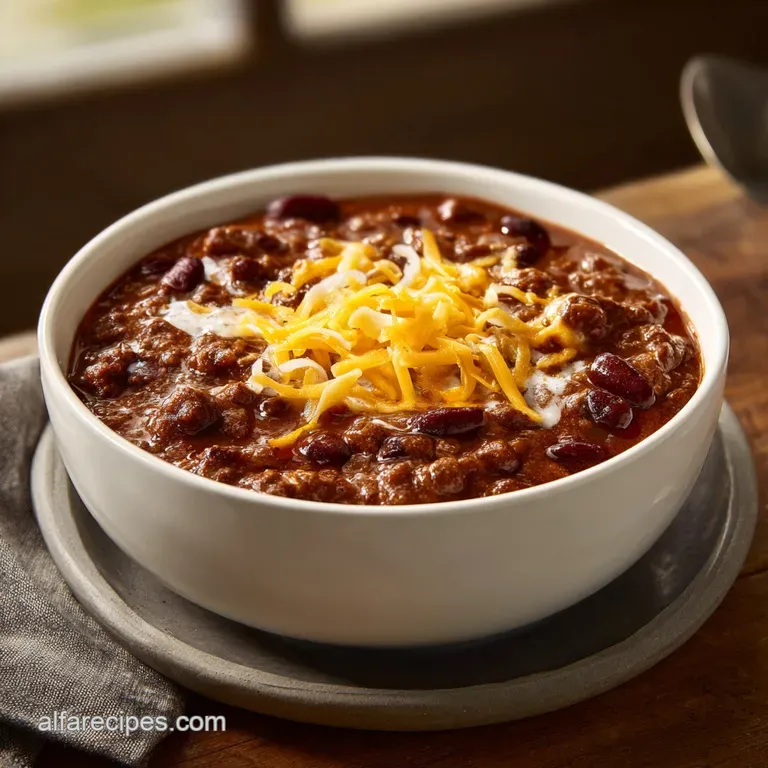 A deep bowl overflowing with hearty chili, garnished with fresh green cilantro and a dollop of cool sour cream.