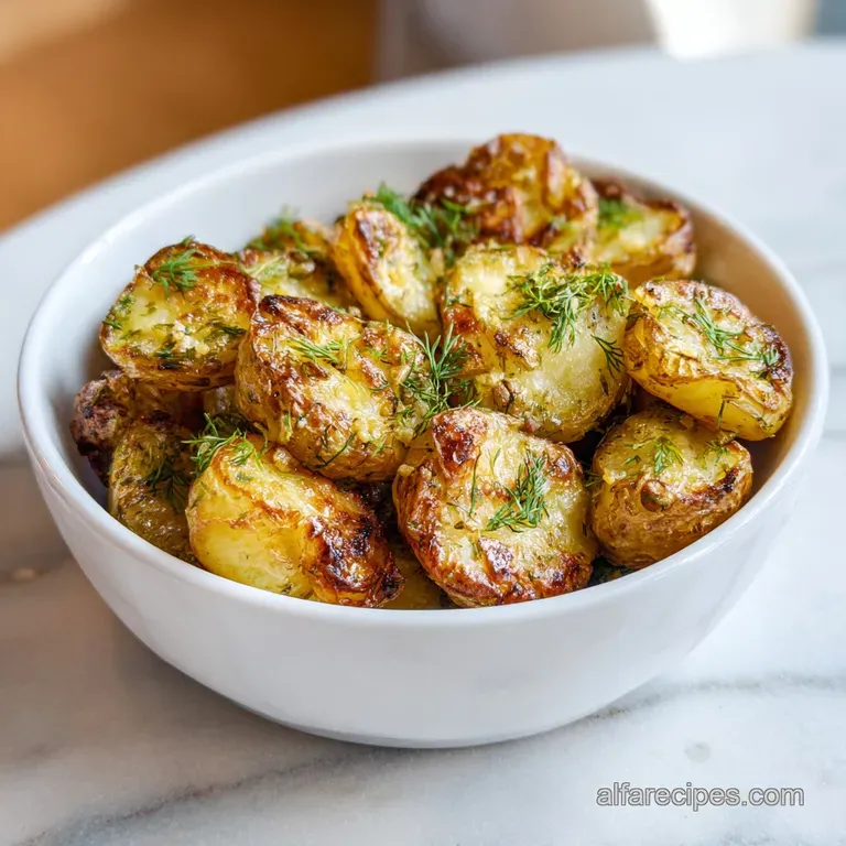 A rustic wooden board showcases tender, smashed potatoes with a crunchy exterior and a garnish of fresh dill sprigs.