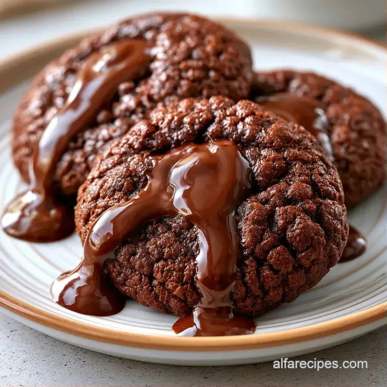 Stack of rich, cocoa-brown cookies topped with a swirl of vanilla cream and a dusting of powdered sugar.