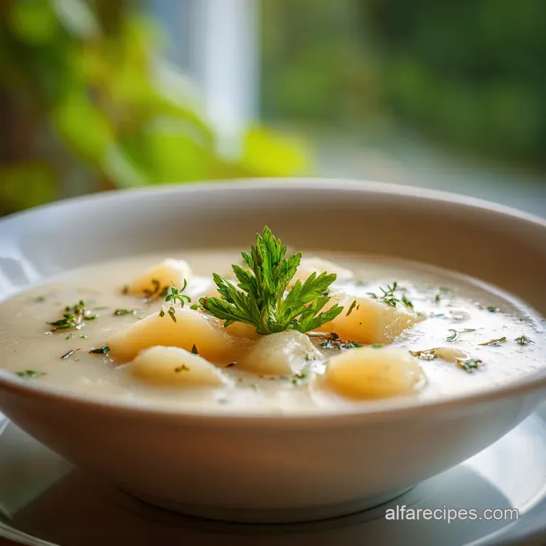 Thick, velvety white soup in a ceramic bowl garnished with sliced green onions on a rustic wooden tabletop.