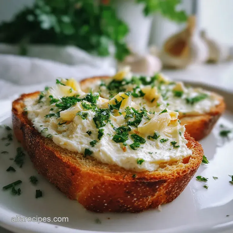 Piping hot toasted baguette slices piled high, generously topped with soft, golden-hued garlic spread. Fresh herbs add vib...