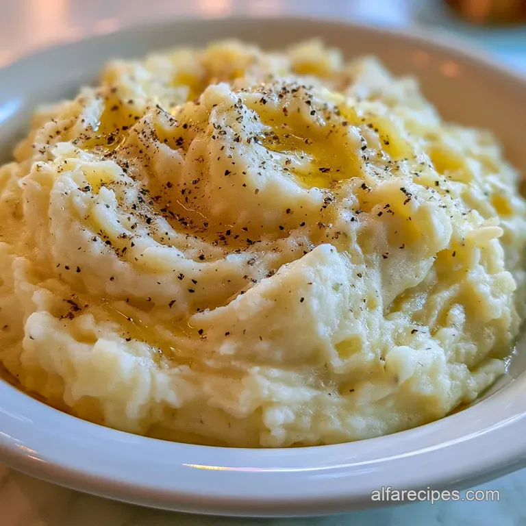 A smooth swirl of creamy white potatoes on a slate plate, topped with a sprig of thyme and a drizzle of gold oil.