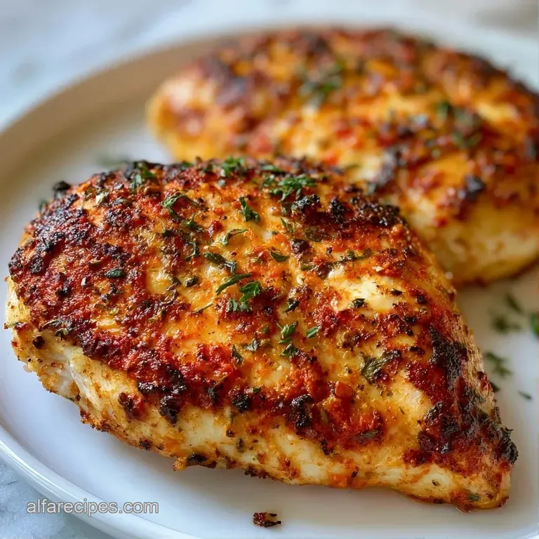 Seared chicken breast atop a white ceramic plate with a drizzle of pan sauce and a sprig of fresh green thyme.