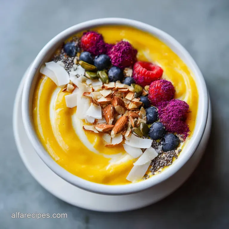 Smoothie bowl artfully arranged with sliced bananas, kiwi, chia seeds, and a drizzle of honey. Fresh & inviting.