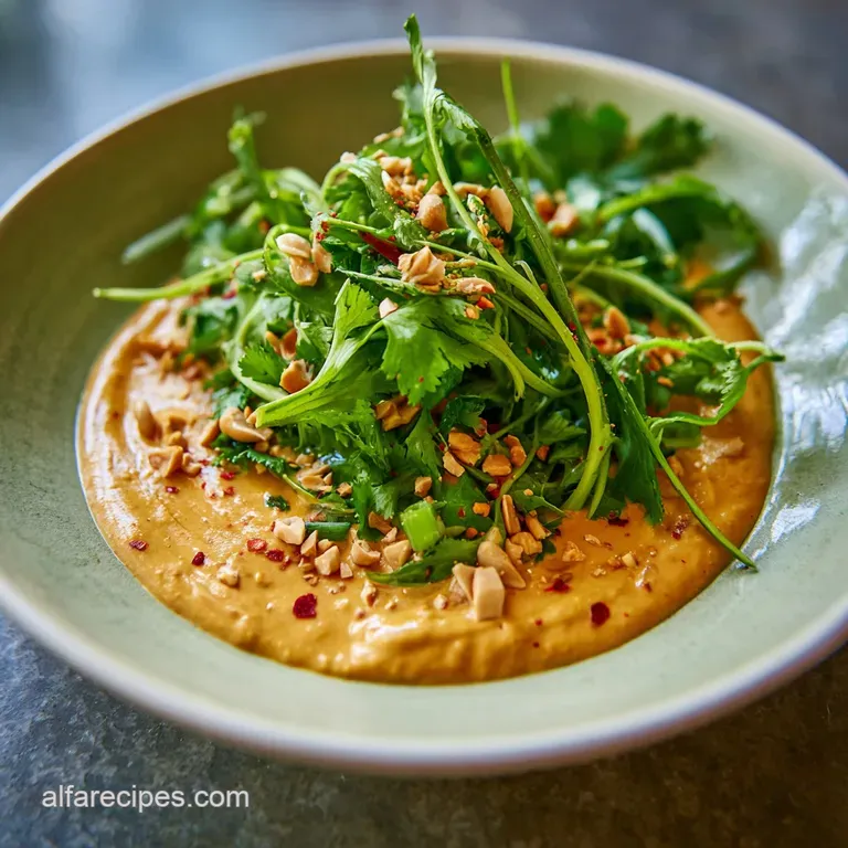 Vibrant peanut sauce drizzled artfully over noodles and shredded carrots, topped with chopped peanuts and cilantro on a wh...