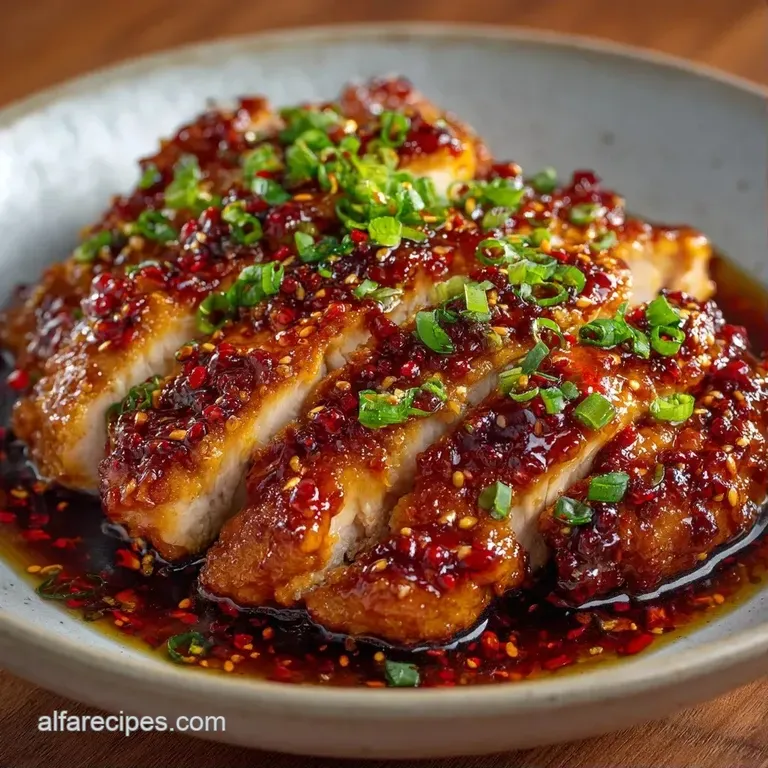 A white ceramic bowl filled with glistening chicken and colorful vegetables, sprinkled with toasted sesame seeds.
