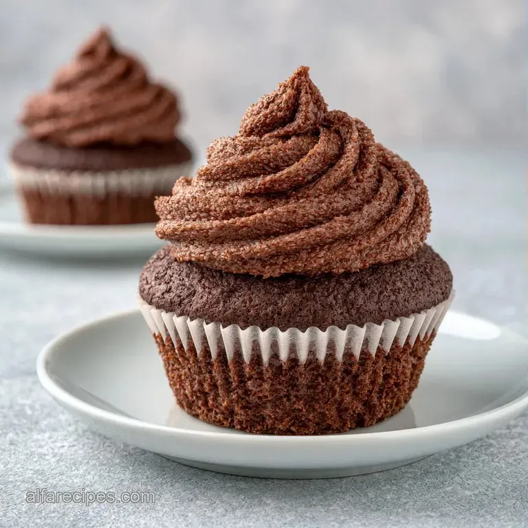 Three gourmet cupcakes arranged on a slate board with scattered cocoa powder and fresh mint sprigs for contrast.