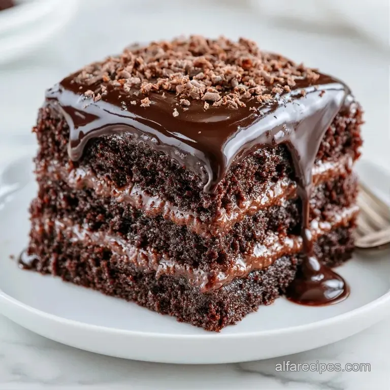 A slice of moist dark cake on a white porcelain plate, garnished with a fresh red raspberry and a mint leaf.