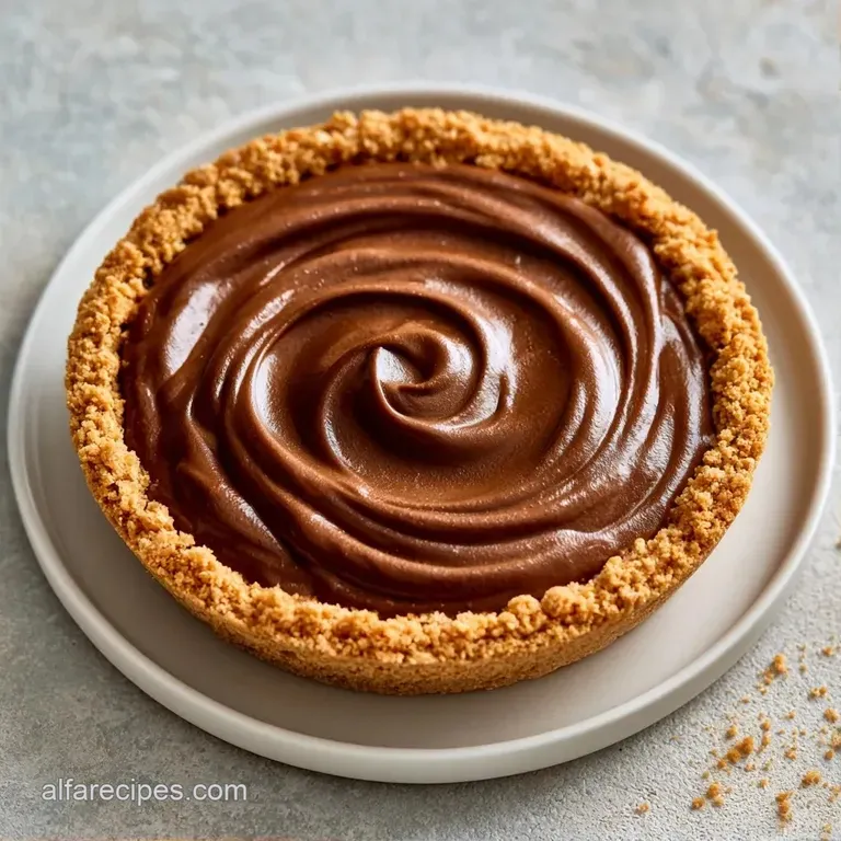 A neat slice of creamy vanilla pie on a white plate, drizzled with salted caramel and a sprig of mint.