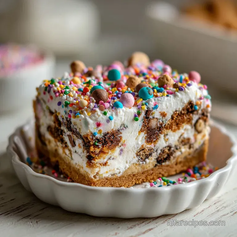 Slice of crispy baked brookie bar on white plate, adorned with vibrant, celebratory sprinkles, hinting at a delightful mix...