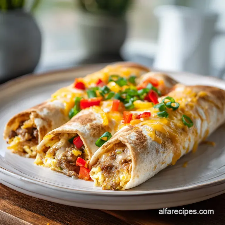 Warm breakfast burrito cut open, showcasing a vibrant mix of scrambled eggs, cheese, and colorful vegetables against a whi...