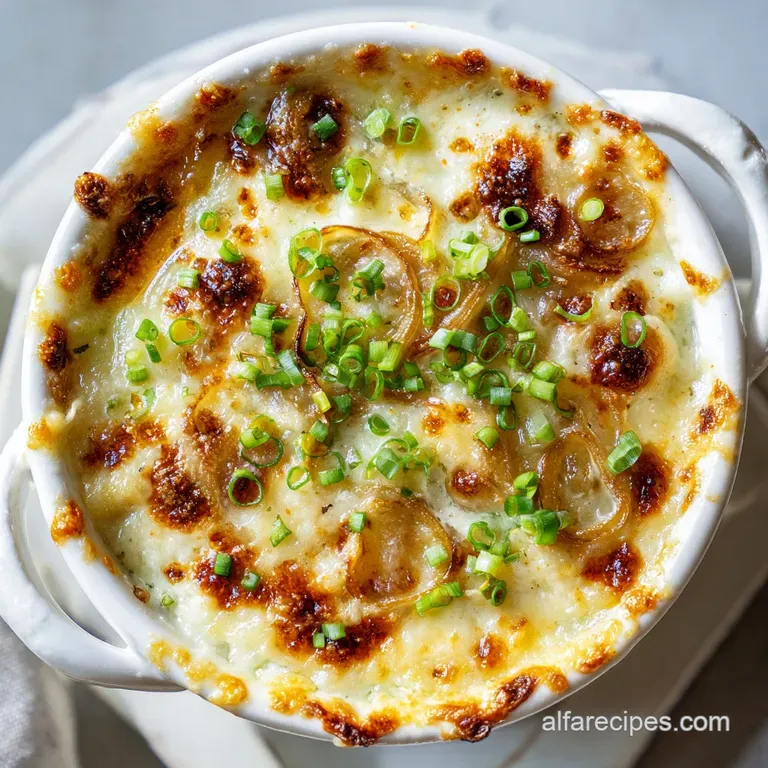 An elegant ramekin filled with warm, creamy French onion dip, adorned with herbs and crusty bread.