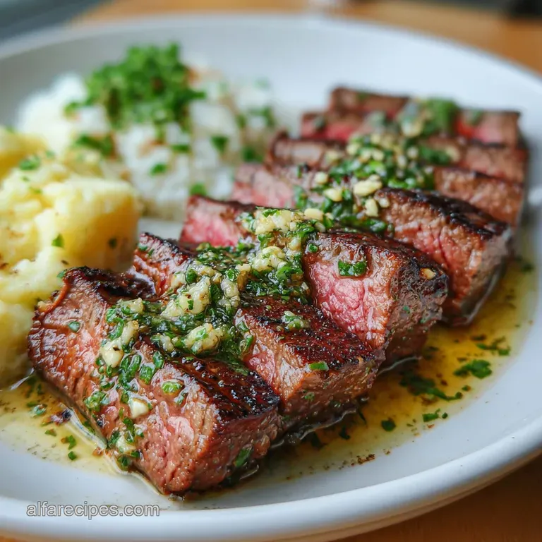 Juicy steak slices fanned out on a white plate, alongside vibrant greens and golden garlic cloves.