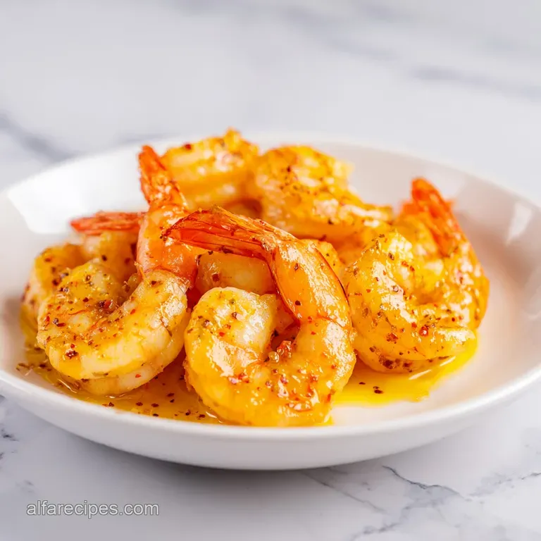 Plump pink shrimp drizzled in glossy butter sauce served over fluffy white rice with a bright yellow lemon wedge.