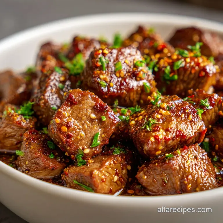 Glistening beef cubes tossed in garlic butter on a white ceramic plate, garnished with fresh green parsley.