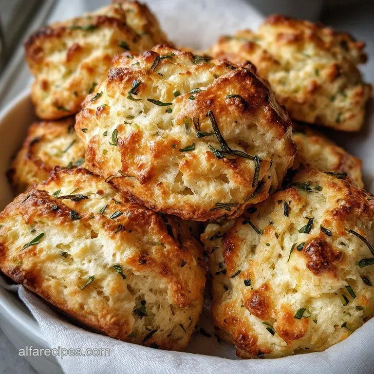 Buttery, golden biscuit halves overflowing from a woven basket, hints of garlic and herbs visible.