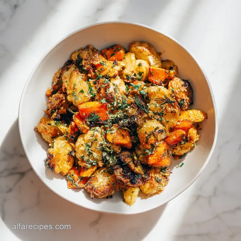 A colorful medley of roasted vegetables artfully arranged on a white plate, herbs scattered, steam rising to showcase thei...