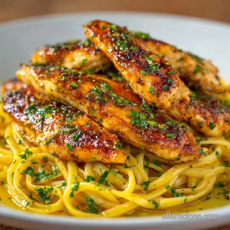 Elegant white plate featuring swirls of creamy pasta, golden seared chicken, and a bright yellow lemon slice.