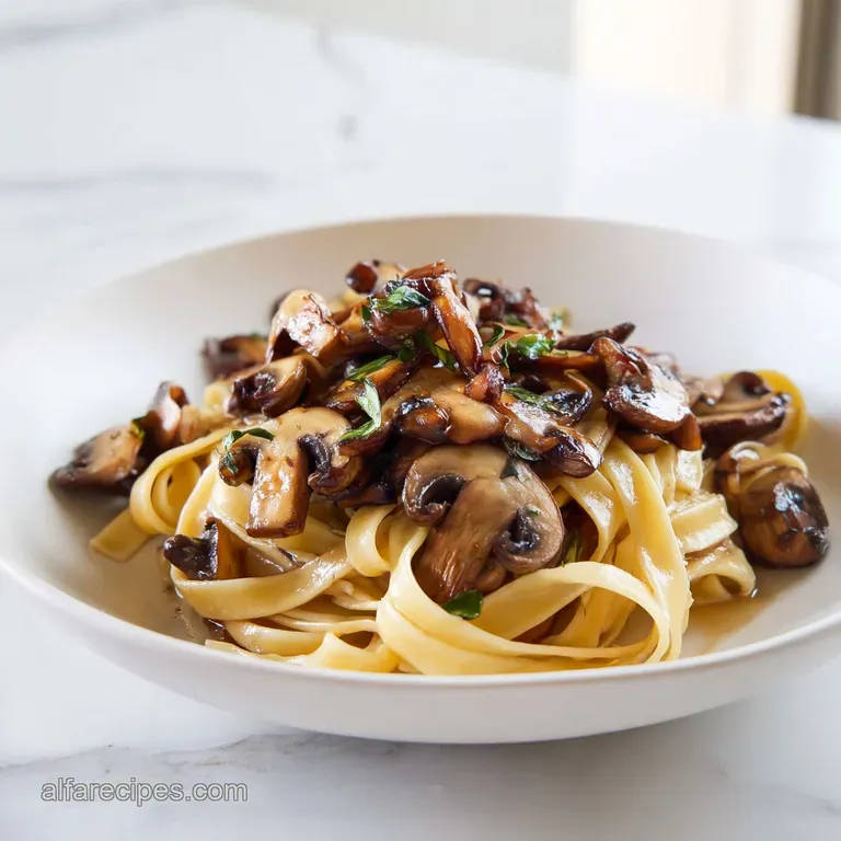 Twirled pasta nest topped with sliced earthy mushrooms and a fine dusting of parmesan on a matte ceramic plate.