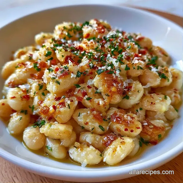 A shallow white bowl of creamy legumes topped with shaved parmesan and a sprig of fresh parsley on a linen napkin.