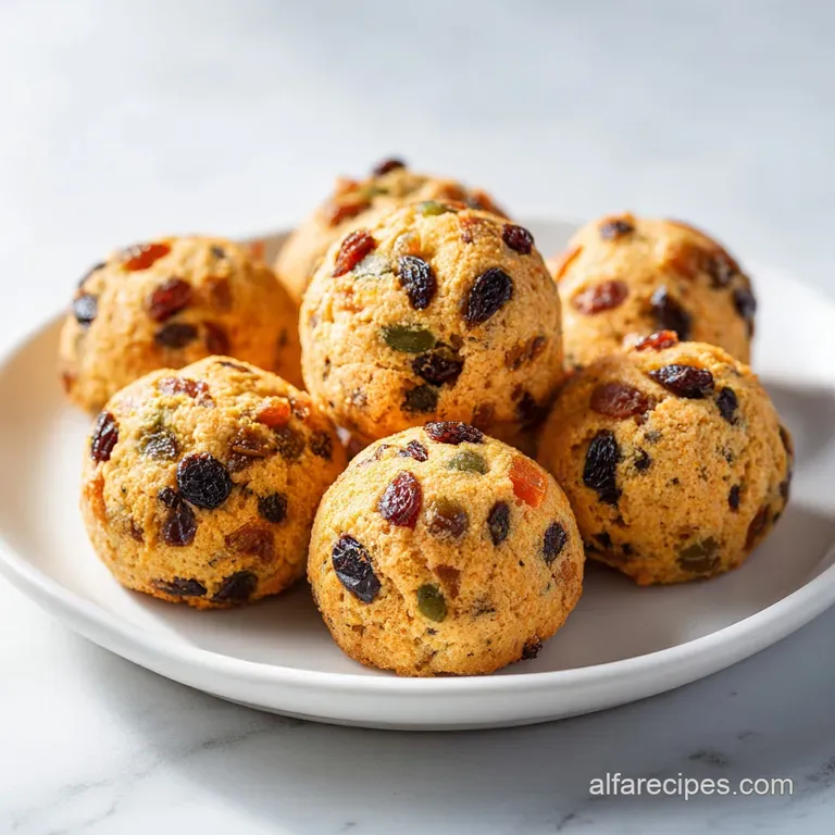A festive stack of glazed fruitcake shortbread cookies, dusted with powdered sugar on a white plate.