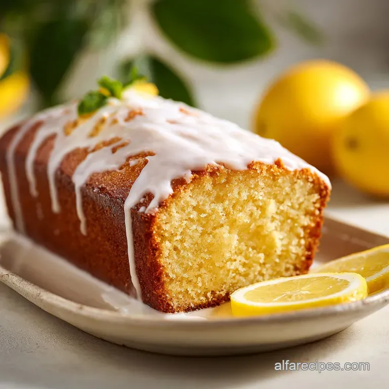 A slice of golden lemon loaf, glistening with sweet glaze, presented elegantly with a dusting of powdered sugar.