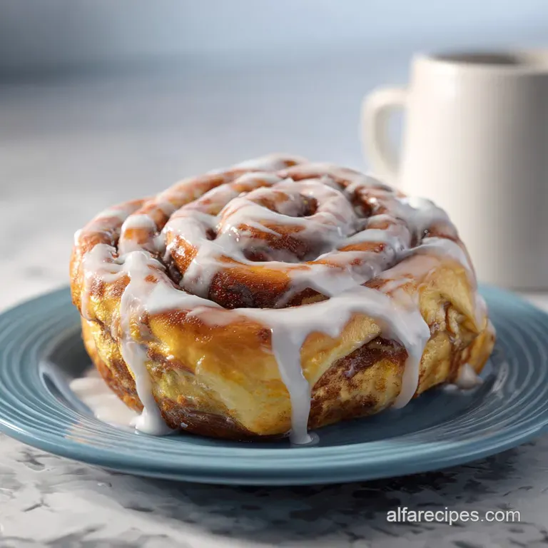 Single-serving cinnamon roll, steaming in a white mug, sits on a wooden surface. Sugar dusts the top of the sweet roll.