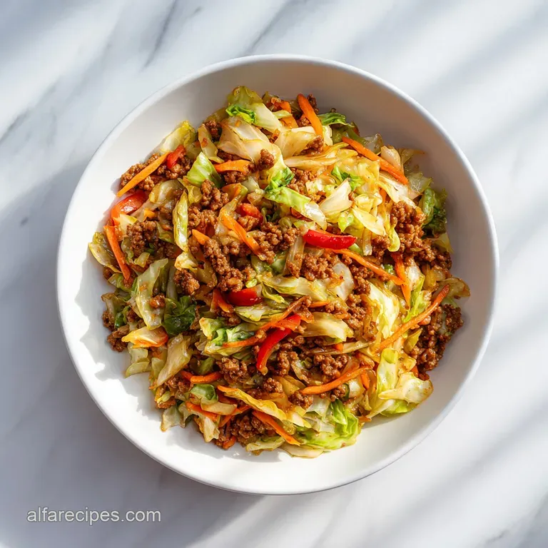 Steaming ground beef and cabbage stir-fry, garnished with green onions, artfully arranged in a white bowl. Warm and inviting.