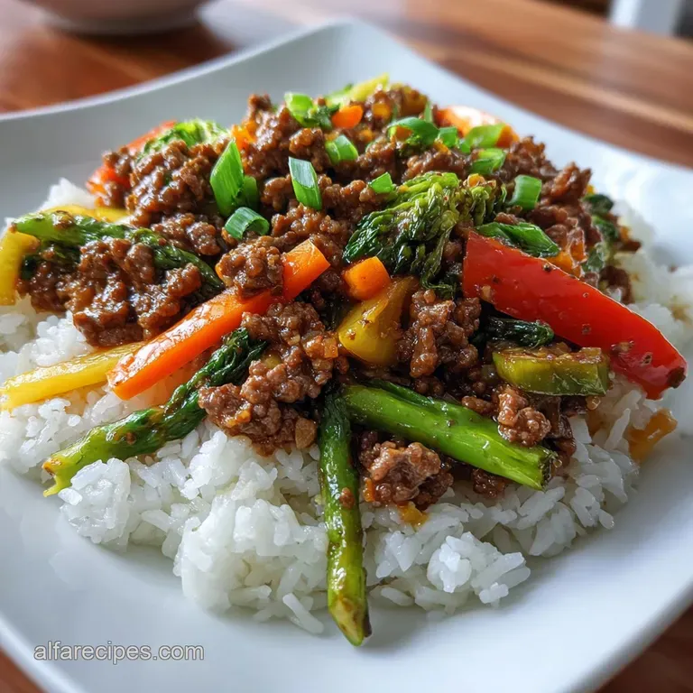 Glossy stir-fried ground beef with crisp-tender vegetables artfully piled on white rice, garnished with sesame seeds and s...