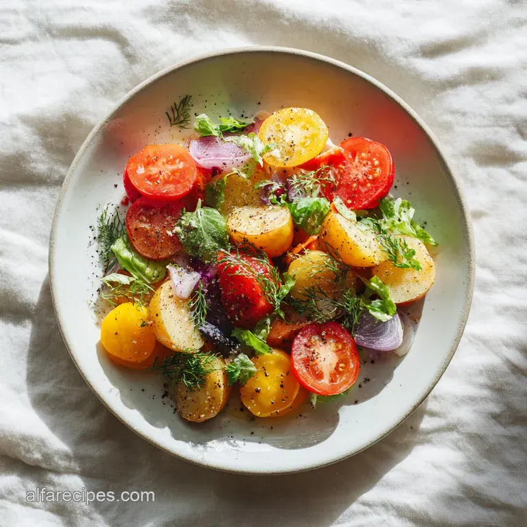 A pristine white plate showcases a generous mound of crisp, fresh greens dotted with bright red tomatoes and cucumber slices.