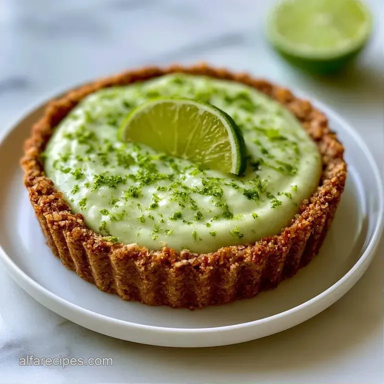 Elegant slice of lime-infused cream on a buttery crust, garnished with a fresh mint leaf and lime wedge.