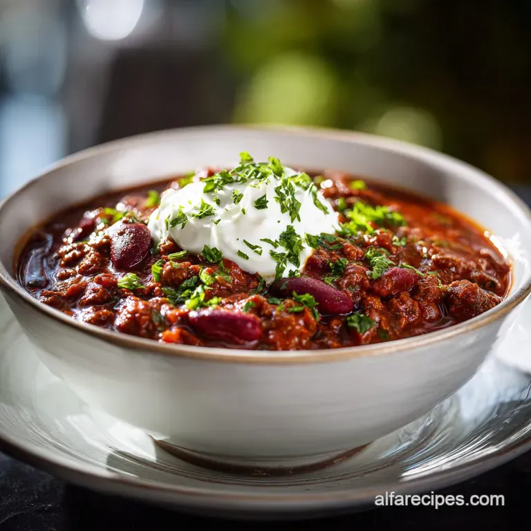 A steaming bowl of chili, garnished with shredded cheddar, sits on a rustic wooden table, inviting warmth with its savory ...