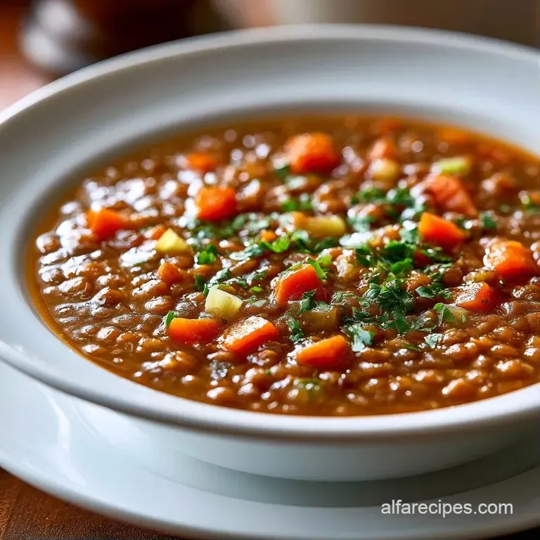 A wide white bowl filled with thick vegetable stew, topped with a swirl of cream and a sprig of fresh green parsley.